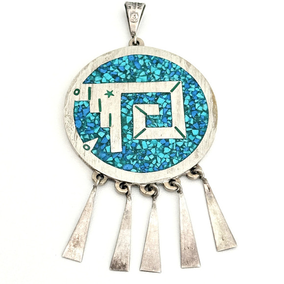Vintage Taxco Mexico Sterling Turquoise Onyx Heavy Medallion Reversible Pendant - Picture 1 of 12